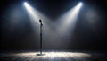 A single microphone on a stand illuminated by two spotlights on a dark wooden stage, ready for a performance or presentation. Royalty Free Stock Photo