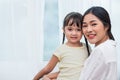 Single mom and daughter portrait. Happy family and people concept. Mother and Children day theme. Royalty Free Stock Photo