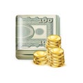 Single money stack folded with golden coins