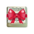 Single money stack folded with red bow isolated