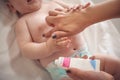 Mother and baby, skin care. Close up. Royalty Free Stock Photo