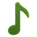 A single musical note symbol crafted from lush green grass isolated on a white background