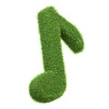 A single musical note symbol crafted from lush green grass isolated on a white background