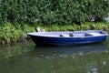 Single old blue boat with funny duck on board moored in a green thickets Royalty Free Stock Photo