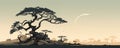 Single old tree on a beautiful sunset landscape, minimalist design, generated by AI