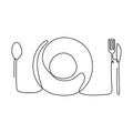 Single one continuous line plate, knife and fork. Vector illustration minimalist design