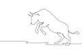 Single one line drawing Aggression wild bull attack. The bull is full of energy. Big buffalo stands up before run. Angry bull at Royalty Free Stock Photo