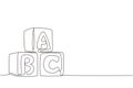 Single one line drawing alphabet cubes with letters ABC. Block building tower. ABC letters building blocks. Alphabet cubes with