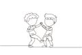 Single one line drawing angry preschool boys kids fighting each other kicking legs. Aggressive bully kids fight. Bullying children