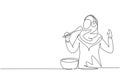 Single one line drawing Arab housewife begin prepare family dinner singing like rock star with kitchenware and overjoyed music