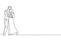 Single one line drawing Arab man gives flowers to woman and hug her. Young man giving to woman bouquet of flowers for propose.