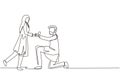 Single one line drawing Arab man kneeling offering engagement ring to his girlfriend. Young guy on knees proposing girl to marry.