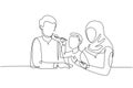 Single one line drawing Arabian family having fun together in modern restaurant. Boy feeds his father with love. Happy little Royalty Free Stock Photo