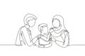 Single one line drawing Arabian family having fun together in modern restaurant. Boy feeds his mother with love. Happy little Royalty Free Stock Photo