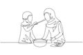 Single one line drawing Arabian mother tasting food given by her young beautiful daughter. Cooking for lunch together in cozy