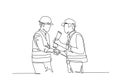 Single one line drawing architect holding on roll paper, builder foreman wearing construction vest and helmet handshake to deal