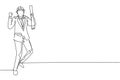 Single one line drawing architect stood with celebrate gesture and wearing helmet carrying blueprint for the building's work