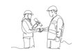 Single one line drawing of architect woman and builder foreman wearing construction vest and helmet handshake to deal a project.