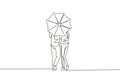 Single one line drawing back view young couple man woman, cute girl and boy walking holding umbrella under rain. Romantic couple Royalty Free Stock Photo