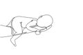 Single one line drawing beautiful new born baby resting on mom\'s hand. Tiny newborn baby\'s and female hands. Happy son