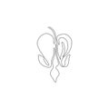 Single one line drawing beauty lamprocapnos spectabilis for garden logo. Decorative bleeding heart flower for home art wall decor