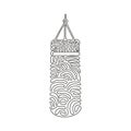 Single one line drawing black punching bag logo isolated. Hitting bag for boxing training. Boxing equipment exercise. Swirl curl