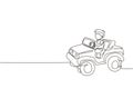 Single one line drawing boy driving car, happy cute child. Cute little boy smiling happy driving toy car. Children\'s trip Royalty Free Stock Photo