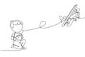 Single one line drawing boy playing with radio control airplane. Smiling kid controlled flying RC aeroplane. Happy childhood, Royalty Free Stock Photo