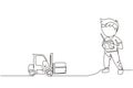Single one line drawing boy playing with remote-controlled forklift truck toy. Kids playing with electronic toy forklift truck