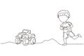 Single one line drawing boy playing with remote-controlled monster truck toy. Kids playing with electronic toy truck with remote