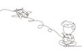 Single one line drawing boy playing with remote-controlled toy airplane. Cute kids playing with electronic airplane toy with