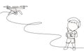 Single one line drawing boy with remote control drone. Kid playing with quadcopter. Happy child controlling flying robot camera