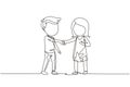 Single one line drawing boys and girls standing and shaking hands making friendship. Children introduce themselves. Kids touching