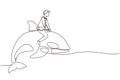 Single one line drawing brave businessman riding huge dangerous orca. Professional entrepreneur male character fight with predator Royalty Free Stock Photo