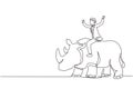 Single one line drawing businessman riding rhinoceros symbol of success. Business metaphor concept, looking at goal, achievement,