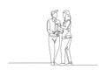 Single one line drawing businessmen handshaking his business woman partner. Great teamwork. Business deal or project cooperation