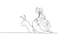 Single one line drawing businesswoman rides snail. Weak competitor. Ineffective manager, bad solution. Slow business progress,