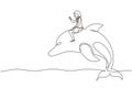 Single one line drawing businesswoman riding dolphin symbol of success. Business metaphor concept, looking at the goal,