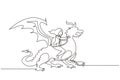 Single one line drawing businesswoman riding dragon. Conquering adversity, courage, victory, leadership in business. Professional Royalty Free Stock Photo