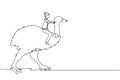 Single one line drawing businesswoman riding ostrich symbol of success. Business metaphor concept, looking at the goal,