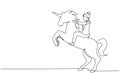 Single one line drawing businesswoman riding unicorn symbol of success. Business startup concept, looking at the goal, achievement