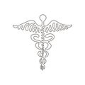 Single one line drawing Caduceus - medical center, pharmacy, hospital with popular symbol of medicine. Medical logo. Swirl curl Royalty Free Stock Photo