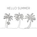 Single one line drawing of coconut tree. Decorative cocos nucifera palm for hello summer greeting post card. Tourism travel