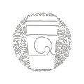 Single one line drawing coffee milk paper cup. Hot chocolate drink to crave for refreshing feeling. Swirl curl circle background