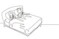 Single one line drawing couple lying in bed and looking at phone playing games on gadgets. Home leisure spare time. People