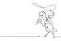 Single one line drawing cowboy with lasso on rearing horse. Cowboy with rope lasso on horse. American cowboy riding horse and Royalty Free Stock Photo