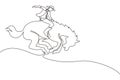 Single one line drawing cowboy taming wild horse at rodeo. cowboy on wild horse mustang. Rodeo cowboy riding wild horse on wooden