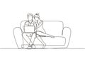 Single one line drawing cozy living room. Young couple gently cuddle on couch and watch movie on their laptop. Happy family life