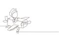 Single one line drawing creative boy playing as pilot with cardboard airplane. Happy kids riding cardboard handmade airplane.