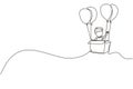 Single one line drawing cute boy sitting in cardboard box with balloons. Little pilot of hot air balloon. Creative kid character
